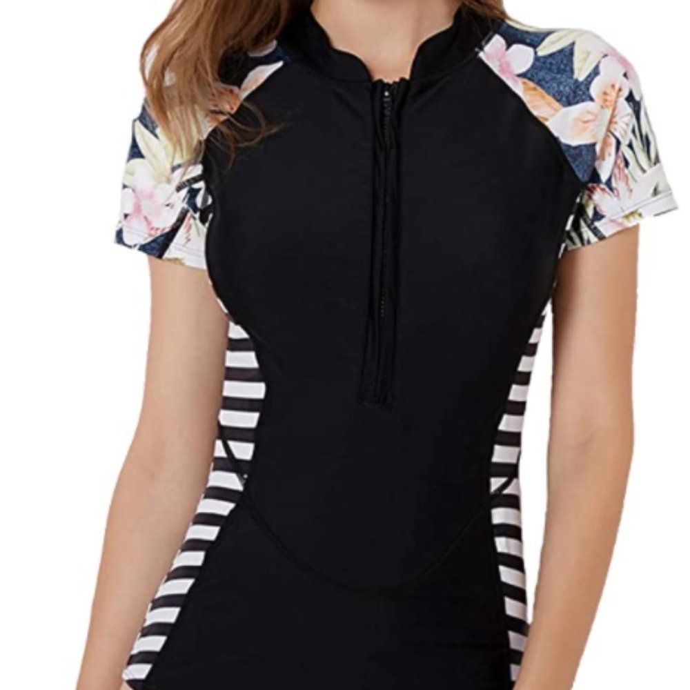 Womens Long Sleeve Rash Guard Zipper Swimsuit
